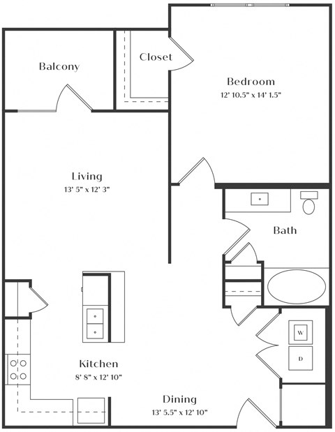 Floor plan for 1 bed, 1 bath, 776 sqft